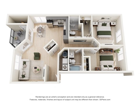 Floor plan for 2 beds, 2 baths, 1000 sqft